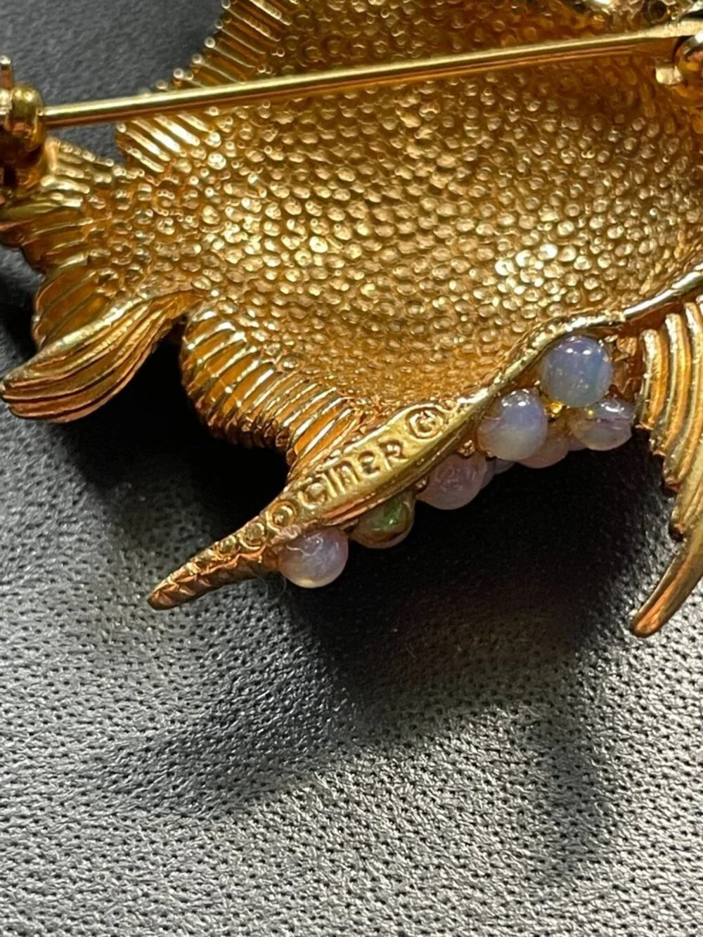 Vintage Ciner Signed Gold Plated Faux Opal Cabochon Angelfish Brooch Pin